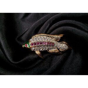 Vintage SWAROVSKI Signed Gold Plated Violet Clear Crystals Fish Brooch